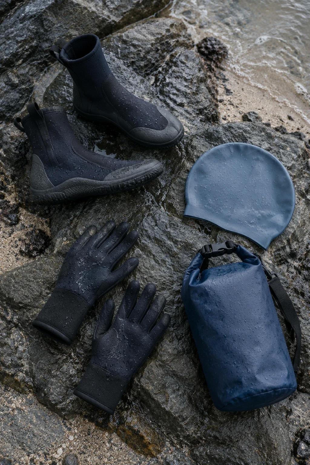Neoprene boots, gloves, swim cap and dry bag on wet rocks