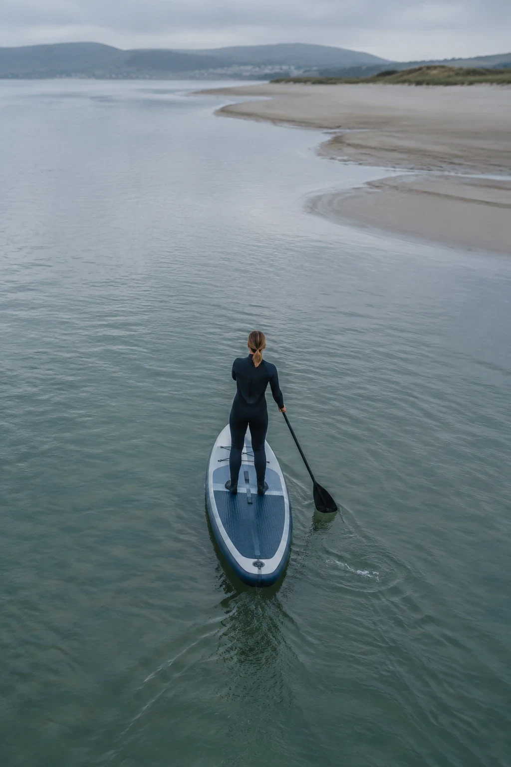 Paddler on an inflatable SUP board on a calm estuary