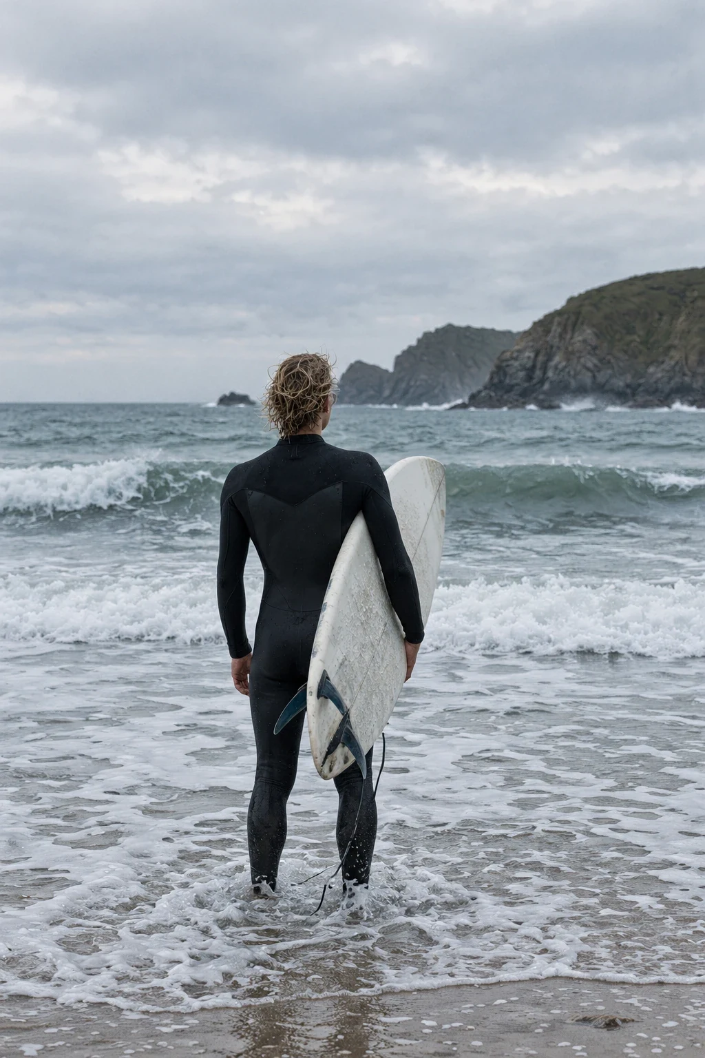 Surfer in a full wetsuit at the water's edge
