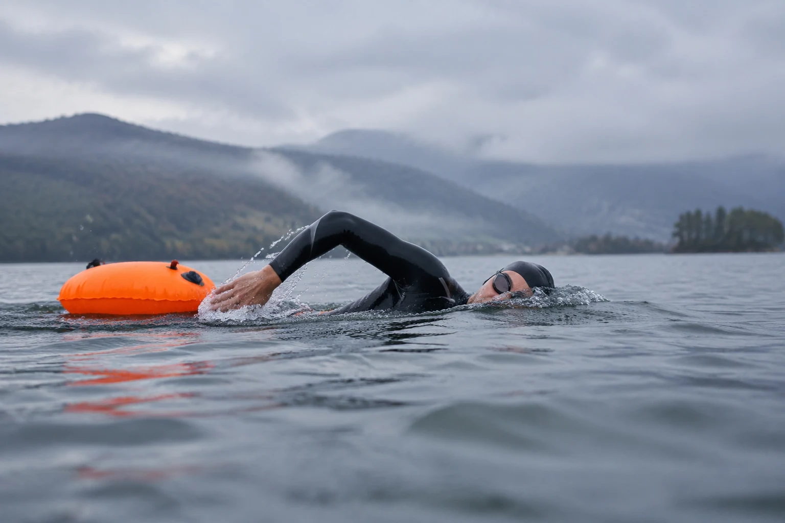 Open-water swimmer in a swim wetsuit on a misty lake