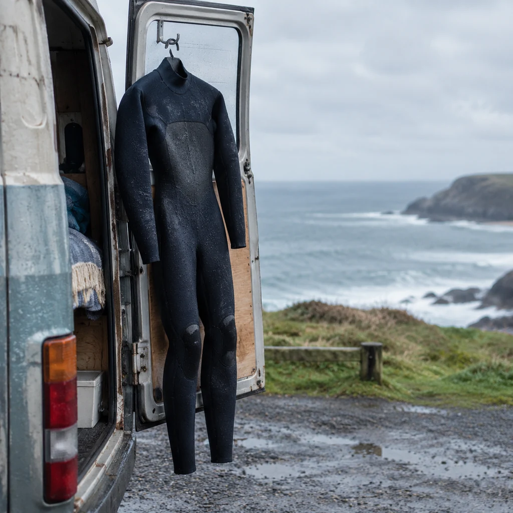 Wetsuit hanging on a hook on a campervan door