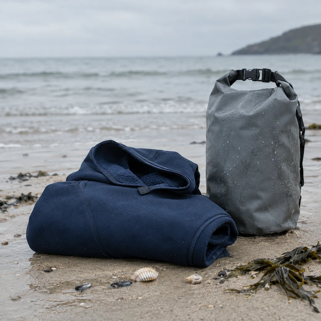 Changing poncho and dry bag on wet sand