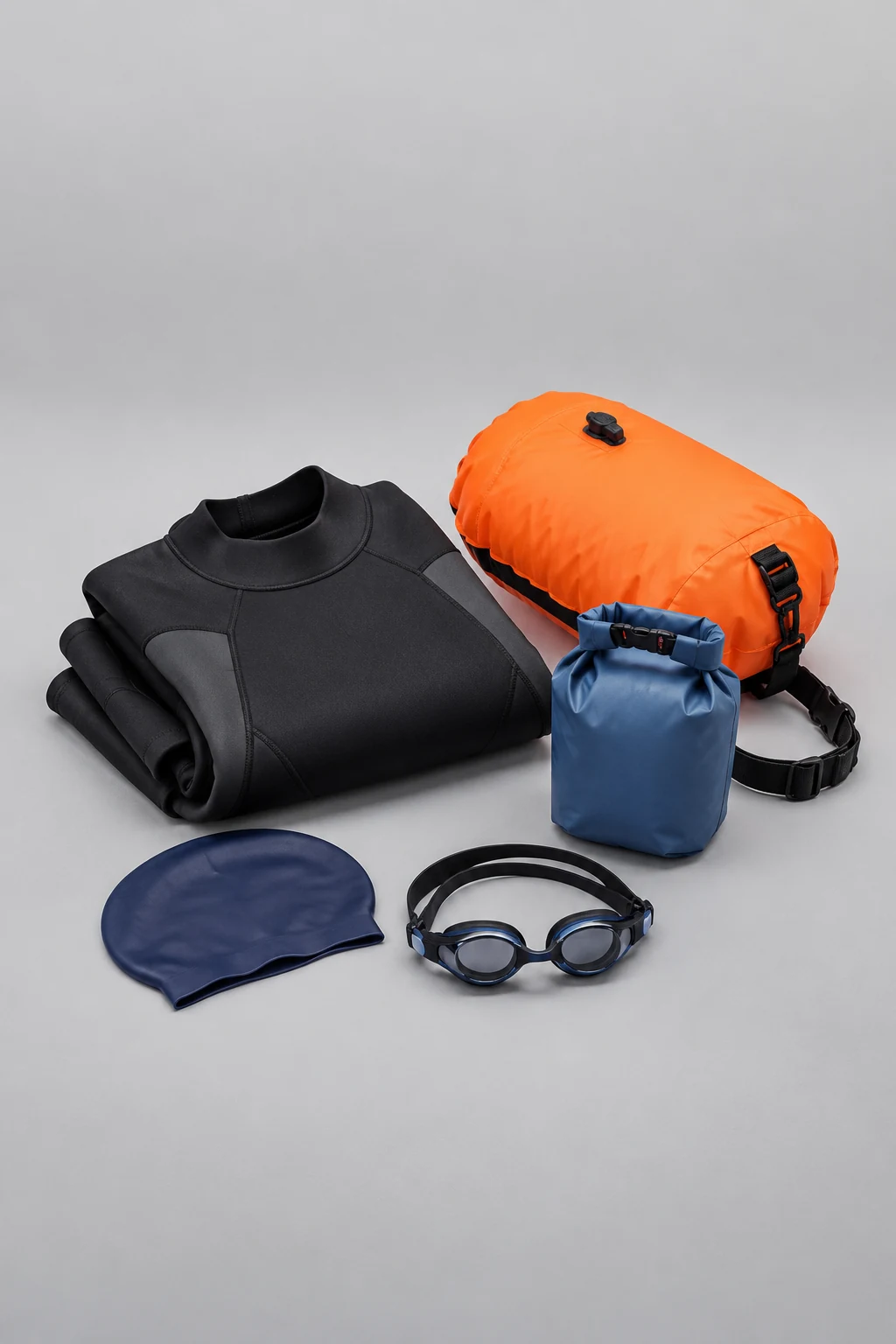 Open-water swimming set with swim wetsuit, cap, goggles and tow float