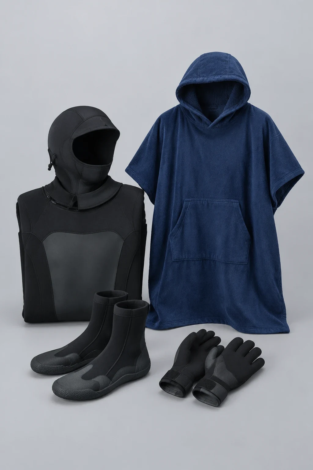 Cold-water surfing set with wetsuit, boots, gloves and poncho
