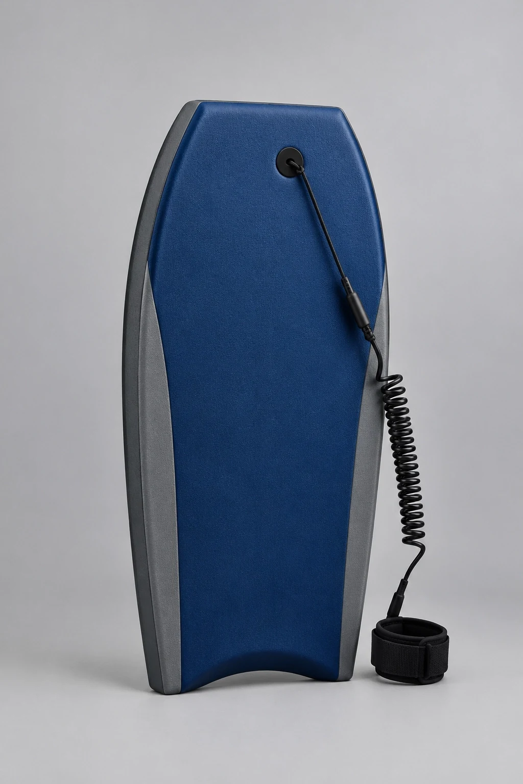 Blue and grey 42 inch bodyboard with leash