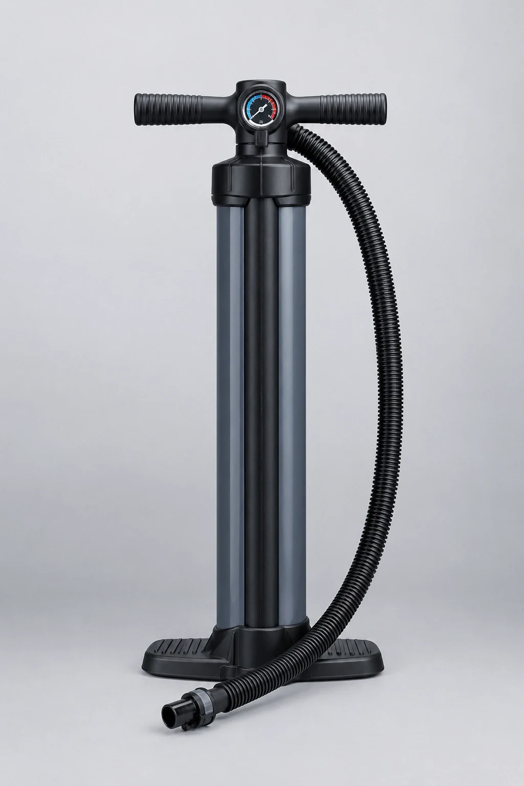 Double-action hand pump with pressure gauge