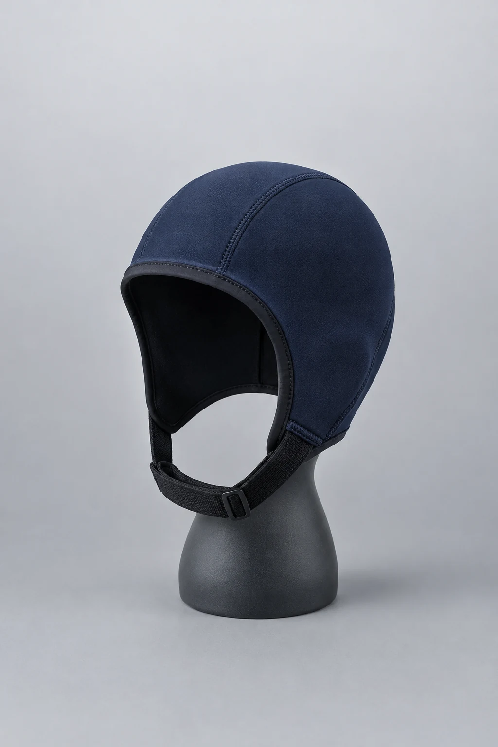 Navy neoprene swim cap with chin strap