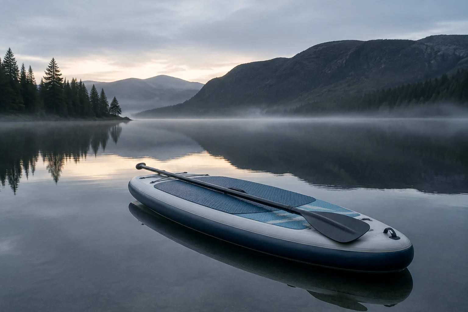 Paddle board on a still lake at dawn